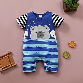Baby Unisex Boys' Basic Casual / Daily Cute Cartoon Striped Bear Print Short Sleeves Romper Blue
