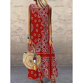 Women's Shift Dress Maxi long Dress Red Sleeveless Floral Print Print Spring Summer Round Neck Casual Vintage Holiday 2021 S M L XL XXL 3XL