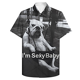 Men's Shirt 3D Print Dog Letter Animal Plus Size 3D Print Button-Down Short Sleeve Casual Tops Casual Fashion Streetwear Breathable Black