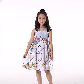 Kids Little Girls' Dress Fantastic Beasts Unicorn Unicorn Tank Dress Ruched Print Rainbow Knee-length Sleeveless 3D Print Cute Dresses Spring  Summer Loose 4-1