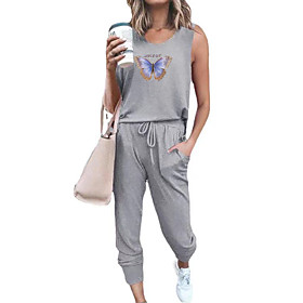 Women Basic Streetwear Butterfly Letter Vacation Casual / Daily Two Piece Set Tank Top Tracksuit Loungewear Jogger Pants Drawstring Print Tops