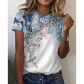 Women's Floral Theme Painting T shirt Floral Bird Print Round Neck Basic Tops Blushing Pink Green White