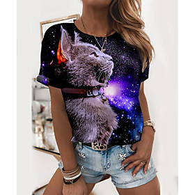 Women's Cat 3D Printed 3D Cat T shirt Galaxy Cat 3D Print Round Neck Basic Tops Navy Blue