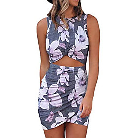 Women's Sheath Dress Short Mini Dress Colorful lattice Positioning color Light gray black flower Dark gray white flower Sleeveless Floral / Botanical Check Hol