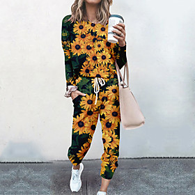 Women's Basic Streetwear Floral Cat Vacation Casual / Daily Two Piece Set Tracksuit T shirt Pant Loungewear Drawstring Print Tops