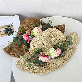 Women's Straw Hat Vacation Beach Flower Solid Color Gray Pink Hat