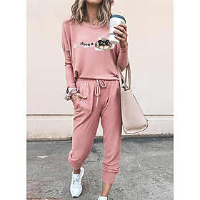 Women Basic Streetwear Cat Letter Vacation Casual / Daily Two Piece Set Tracksuit T shirt Pant Loungewear Drawstring Print Tops