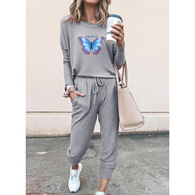 Women Basic Streetwear Butterfly Letter Vacation Casual / Daily Two Piece Set Tracksuit T shirt Pant Loungewear Drawstring Print Tops
