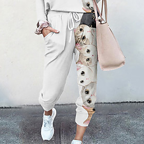 Women's Basic Soft Palazzo Comfort Going out Gym Pants Full Length Cat Animal Pocket Elastic Drawstring Design Print White