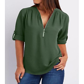 Women's Plus Size Tops Blouse Shirt Plain Zipper Long Sleeve V Neck Spring Summer Navy Olive Green Blue Big Size L XL XXL XXXL 4XL