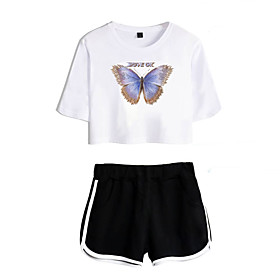 Women's Basic Streetwear Butterfly Letter Vacation Casual / Daily Two Piece Set Crop Top Tracksuit T shirt Loungewear Shorts Print Tops