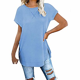 long tshirts women short sleeve plain casual tops crew neck shirts cotton casual tee shirt tunic side split loose fit baggy tops mother's ladies gift blue
