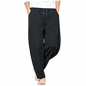 men cotton casual pants elastic waist loose fit straight-legs stretchy summer beach long baggy pants (black,large)