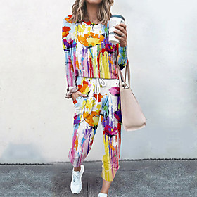 Women's Basic Streetwear Floral Vacation Casual / Daily Two Piece Set Crew Neck Tracksuit T shirt Pant Loungewear Drawstring Print Tops / Loose