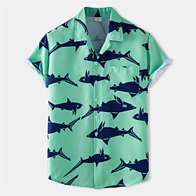Men's Shirt Shark Button-Down Short Sleeve Casual Tops Cotton Casual Fashion Breathable Comfortable Green / Beach