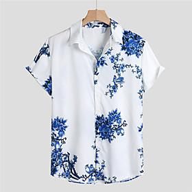 Men's Shirt Floral Button-Down Short Sleeve Casual Tops Lightweight Casual Fashion Breathable Blue
