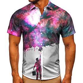 Men's Shirt 3D Print Galaxy Graphic Prints Button-Down Short Sleeve Street Tops Casual Fashion Classic Breathable Purple