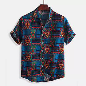 Men's Shirt Tribal Button-Down Short Sleeve Casual Tops 100% Cotton Lightweight Casual Fashion Breathable Blue