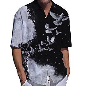 Men's Shirt 3D Print Bird Astronaut Plus Size 3D Print Button-Down Short Sleeve Casual Tops Casual Fashion Streetwear Breathable Black / Sports