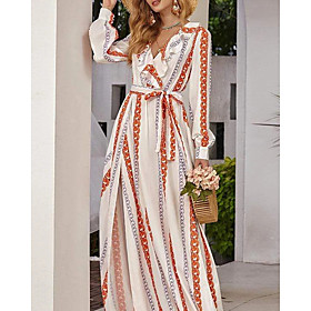 Women's Swing Dress Maxi long Dress Orange Long Sleeve Pattern Spring Summer Casual / Daily 2021 S M L XL XXL