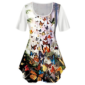 Women's Plus Size Tops T shirt Graphic Butterfly Print Short Sleeve Crewneck Basic Rainbow Big Size XL XXL 3XL 4XL 5XL