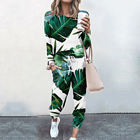 Women's Basic Streetwear Plant Vacation Casual / Daily Two Piece Set Tracksuit T shirt Pant Loungewear Drawstring Print Tops