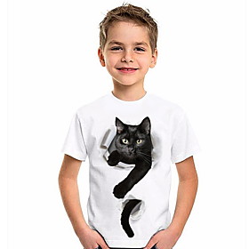 Kids Boys' T shirt Short Sleeve Cat 3D Print Animal White Children Tops Summer Active Daily Wear Regular Fit 4-12 Years