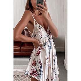 Women's Strap Dress Short Mini Dress Beige Sleeveless Floral Summer V Neck Sexy 2021 S M L XL