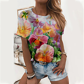 Women's Floral Theme Painting T shirt Floral Flower Print Round Neck Basic Tops Red Yellow Green