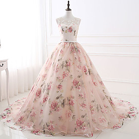 Ball Gown Floral Quinceanera Formal Evening Valentine's Day Dress Illusion Neck Sleeveless Chapel Train Satin Tulle with Beading Pattern / Print Appliques 2021
