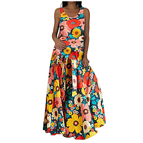Women's Loose Maxi long Dress Bright yellow Red Sleeveless Floral Botanical Flower Tropical Flowers Spring Summer Party Casual / Daily Loose 2021 S M L XL 2XL