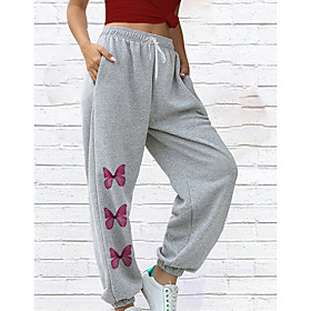 Women's Fashion Casual / Sporty Comfort Fitness Weekend Sweatpants Pants Butterfly Animal Full Length Pocket Print White Black Gray