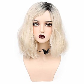 yogfit women's shoulder-length messy wavy blonde wig with black roots and side part for daily use halloween costume party cosplay