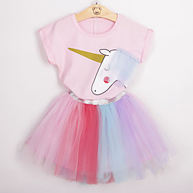 Kids Toddler Girls' Clothing Set Short Sleeve Pink Unicorn Cartoon Striped Lace School Festival Active Basic Regular