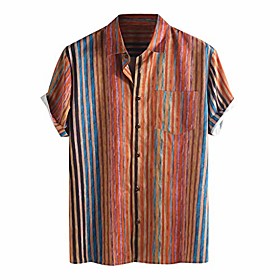 mens striped shirt stand collar colorful beach party holiday camp casual short sleeve ethnic hawaiian top (red a, l)