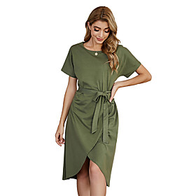 LITB Basic Women's Belted Wrap T-Shirt Dress Knee Length Dress Solid Color