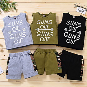 Kids Boys' T-shirt  Shorts Clothing Set 2 Piece Sleeveless Black Green Gray Letter Print Basic 1-4 Years