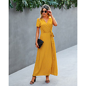 Women's Swing Dress Maxi long Dress Yellow dots Coffee color Purple Apricot Short Sleeve Print Round Dots Flower / Floral Lace up Print Spring Summer V Neck Ca