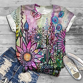 Women's Plus Size Tops T shirt Floral Graphic Print Short Sleeve Crewneck Basic Purple Big Size XL XXL 3XL 4XL 5XL / Holiday