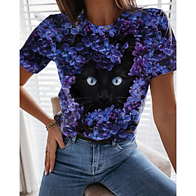 Women's Floral Theme 3D Cat T shirt Floral Cat Animal Print Round Neck Basic Tops Purple