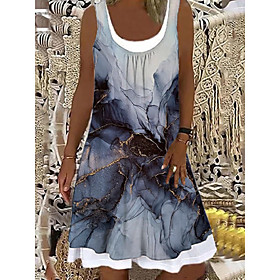 Women's Shift Dress Knee Length Dress Blue Sleeveless Print Print Spring Summer Boat Neck Elegant Casual 2021 S M L XL XXL 3XL
