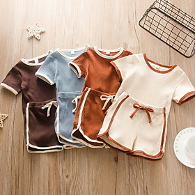Baby Boys' Basic Solid Colored Patchwork Short Sleeve Regular Clothing Set Khaki Brown Beige