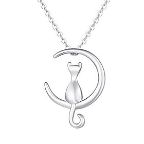 fancime sterling silver crescent moon cat pendant necklace half moon double horn cat moon necklace dinty jewelry gifts for mom women teen girls,16 2 extender