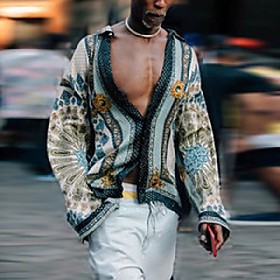 new 2020 spring digital printed shirt fashion mens bohemian shirts homme design v neck tops blouse