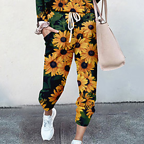 Women's Basic Soft Comfort Going out Gym Palazzo Pants Flower / Floral Sunflower Full Length Pocket Elastic Drawstring Design Print Orange