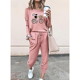 Women Basic Streetwear Floral Print Cat Vacation Casual / Daily Two Piece Set Tracksuit T shirt Pant Loungewear Drawstring Print Tops