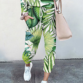 Women's Basic Soft Comfort Going out Gym Palazzo Pants Flower / Floral Leaves Print Full Length Elastic Drawstring Design Print White Green