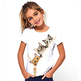 Kids Girls' T shirt Short Sleeve Cat Graphic Print White Children Tops Summer Active Daily Wear Regular Fit 4-12 Years