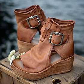 Women's Sandals Wedge Sandals Platform Sandals Wedge Heel Peep Toe Booties Ankle Boots PU Buckle Solid Colored Light Brown Purple Yellow / Booties / Ankle Boot