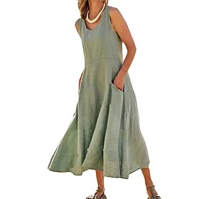 Women's Swing Dress Knee Length Dress Tan Dark Green Sleeveless Solid Color Spring Summer Casual / Daily 2021 S M L XL XXL XXXL